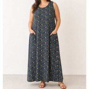 April Cornell Maxi Dress XL Cottagecore Ditsy Floral 90s Sleeveless Pockets Navy